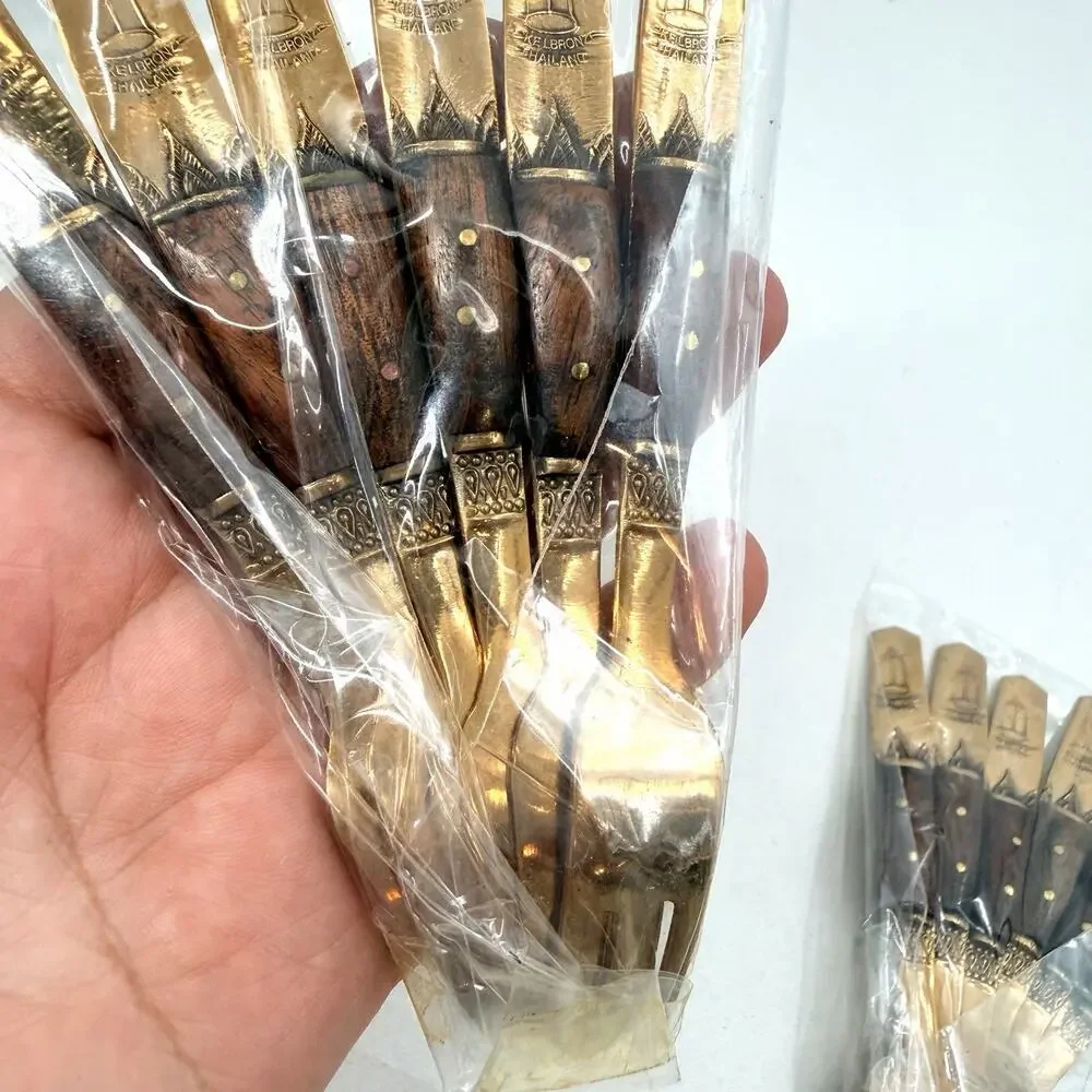 CKE L. Bronze & Wood Thailand 12pc Demitasse Spoon & Appetizer Fork Set MCM